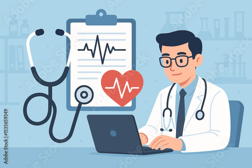 Male doctor working on laptop in clinic office. Concept for healthcare, medicine, cardiology. Cardiologist analyzing patient EKG report. Telemedicine, online consultation, diagnosis.