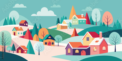 Wallpaper Mural Colorful Cartoon Illustration of a Winter Village Scene with Houses and Trees Torontodigital.ca