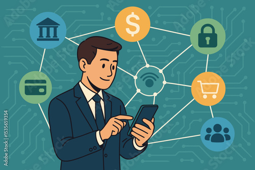 Businessman using a mobile phone for digital banking services. Fintech concept vector illustration with network of icons for secure online payment, finance, shopping, and money transfer.