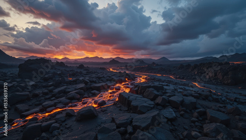 Fiery Lava Flowing Across Black Volcanic Rock Under Dramatic Cloudy Sky At Sunset	
