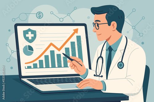 Healthcare data analysis concept. Doctor at laptop analyzing medical finance report, growth chart, statistics. Hospital management, health insurance cost, medical business analytics.