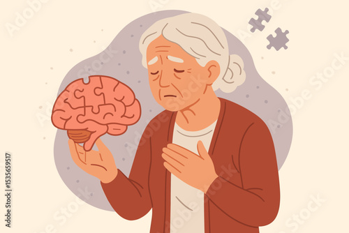Alzheimer's disease concept. Sad elderly woman with dementia holding a brain puzzle with missing pieces. Metaphor for memory loss, neurological disorder, and mental health issues.