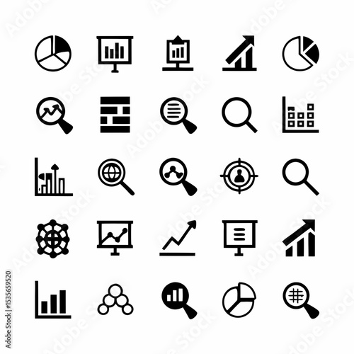 Create a visually appealing set of icons representing market research and data analytics concepts.  Include charts, graphs, target audiences, and magnifying glasses.