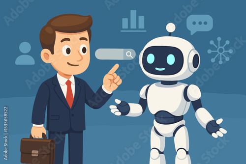 Businessman talking to a robot about search and data. AI concept with chatbot and virtual assistant technology. Human and artificial intelligence collaboration for business analytics.