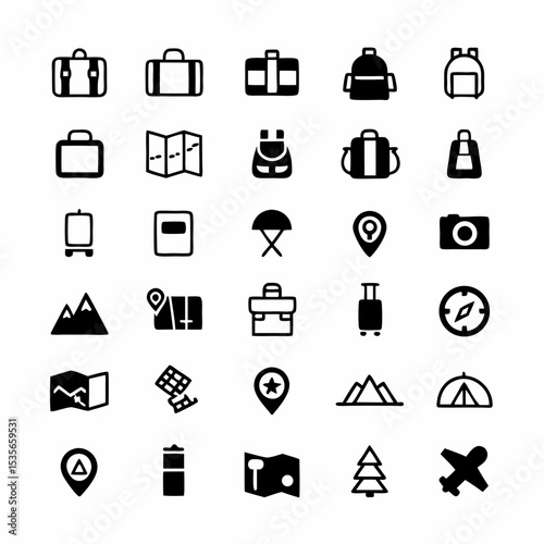 Design a set of vibrant, diverse luggage and packing icons for travel websites and apps.  Include suitcases, backpacks, labels, and packing lists.