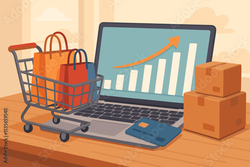 Online shopping growth concept. Laptop with rising sales chart, shopping cart full of bags, credit card and parcel boxes. E-commerce business success and financial analytics vector.