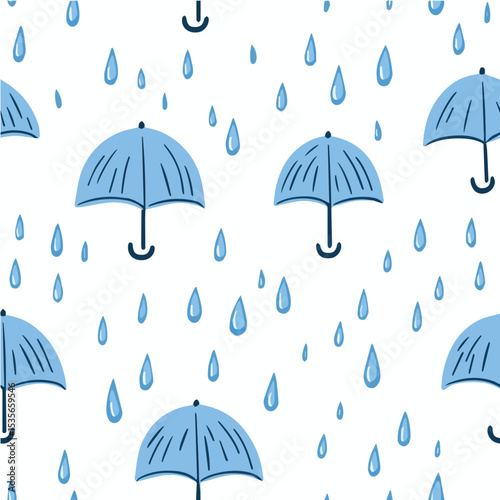 Seamless pattern of cute umbrella with raindrops