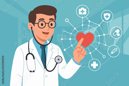 Doctor cardiologist using a virtual interface for digital health. Concept of modern medicine, cardiology, and telemedicine. Man in clinic pointing at heart and medical icons.