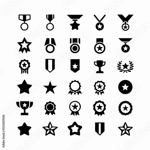 Design a vibrant icon pack featuring medals, ranking indicators (stars, crowns, numbers), and achievement badges.  Include various metallic finishes and ribbon styles.