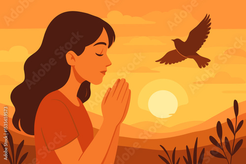 Woman praying in nature at sunset. Spiritual concept of faith, hope, and gratitude. Calm girl meditating with hands together. Flying bird silhouette symbolizing peace and freedom.