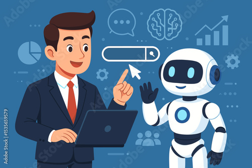 Businessman and AI robot collaboration. Human interacting with chatbot assistant for business automation, data analysis, and search. Future technology and machine learning concept.