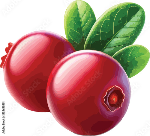 Fresh and vibrant illustration of two ripe cranberries with green leaves