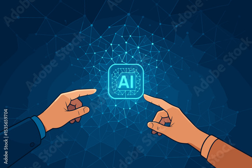 Artificial Intelligence technology concept. Human hands touching digital AI icon on a neural network. Machine learning, big data, futuristic innovation, and business vector background.