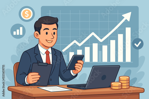 Financial analyst working on business growth strategy. Cartoon vector illustration of a successful manager with profit chart, investment data and economic statistics report.