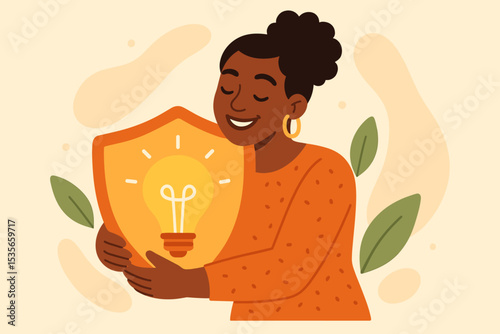 Nurturing creative ideas and innovation. Woman protecting intellectual property. Female entrepreneur holds shield with lightbulb. Copyright, patent, and business security concept.