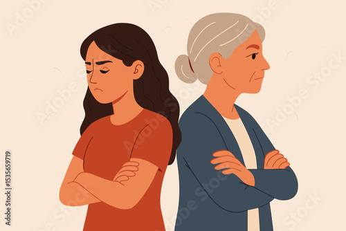 Generation gap conflict concept. Angry senior mother and sad daughter in argument. Family relationship problems, disagreement. Generational misunderstanding, different views.