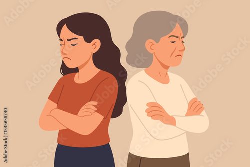 Generation gap conflict. Angry elderly mother and sad adult daughter stand back to back. Family quarrel, relationship problem, communication breakdown. Stubborn women ignoring each other.