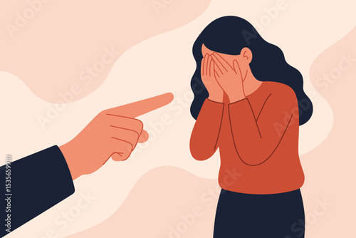 Accusation and victim blaming concept. Hand with pointing finger at a crying woman covering her face. Public shaming, bullying, harassment, guilt, anxiety, and depression.
