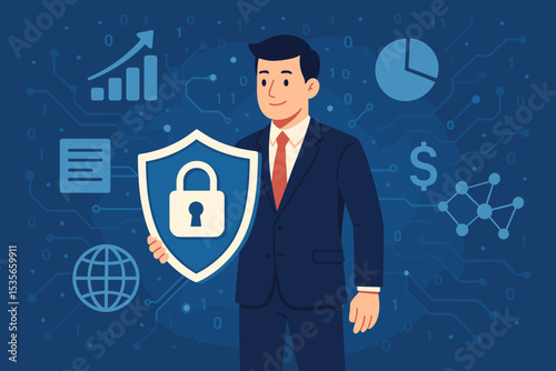 Cybersecurity concept with a businessman holding a shield with a lock. Digital defense and data protection. Internet privacy, network safety, and financial security concept vector.