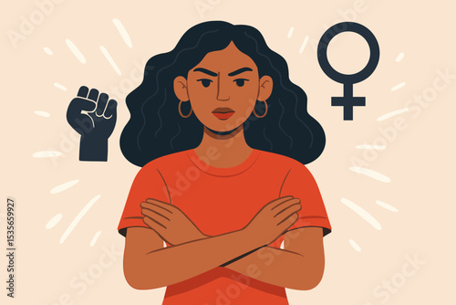 Empowered woman of color with crossed arms. Concept of feminism, girl power, and protest for women's rights. Vector illustration with raised fist and female gender symbol of solidarity.