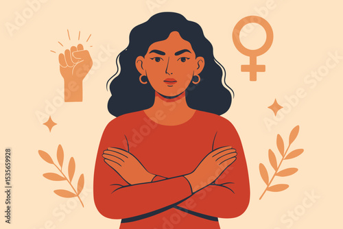 Feminism concept vector illustration. Confident woman with crossed arms. Female empowerment, girl power, solidarity and protest for women's rights. Raised fist and venus symbol.