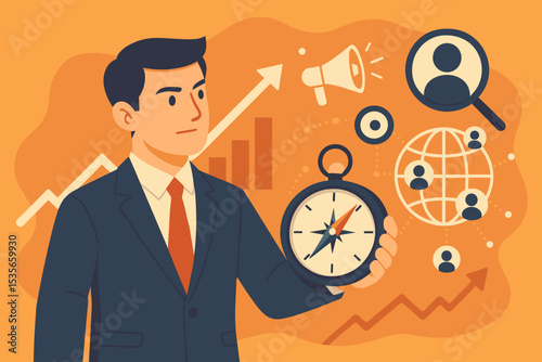 Businessman holding a compass for strategic business navigation and direction. Concept of corporate leadership, planning, and growth. Marketing, target audience, and global strategy.