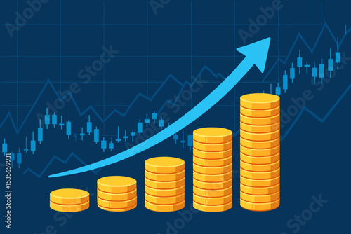 Financial growth concept with rising coin stacks and upward trend arrow. Stock market trading candlestick chart background. Business investment success, profit, and economy growth.