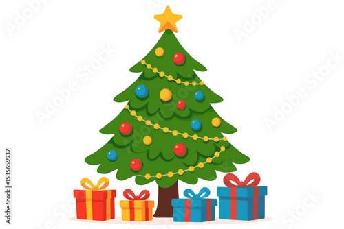 Christmas tree illustration with gifts. Decorated cartoon pine with star, baubles, and presents. Festive winter holiday celebration graphic for New Year. Vector isolated.
