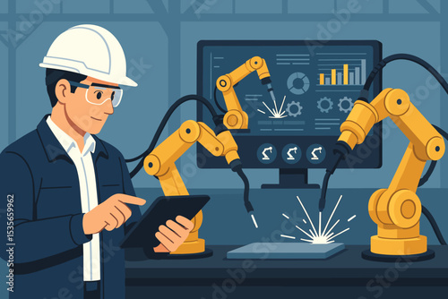 Engineer controlling robotic arms for welding on an automated production line. Smart factory concept with worker using tablet for industrial manufacturing. Industry 4.0 automation.