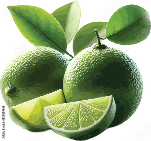 Fresh green limes with leaves and sliced segments isolated on a white background