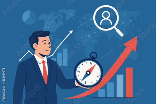 Strategic business navigation concept. Businessman with compass guiding corporate growth and success. Flat vector of market analysis, global strategy, leadership and direction.