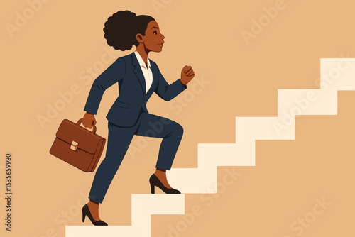 Ambitious Black businesswoman climbing career ladder stairs. Concept of success, promotion, and professional growth. Corporate achievement and leadership vector illustration.