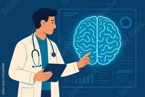 Doctor analyzing glowing brain on futuristic digital interface. Neurologist with tablet examining brain scan. Medical technology, neuroscience, AI in healthcare, neurological research.
