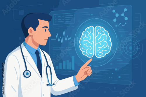 Doctor analyzing human brain data on a futuristic virtual screen. Neurologist studying brain scan, EEG. Concept for neuroscience, medical technology, research, AI in healthcare.