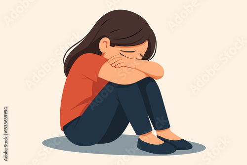 Sad lonely girl crying alone on the floor. Unhappy child suffering from depression, anxiety, or stress. Concept of childhood trauma, bullying, abuse, and mental health issues.