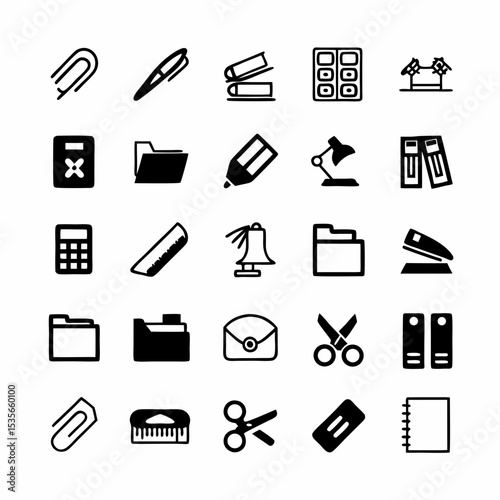 Create a vibrant icon set depicting various common office supplies, including pens, pencils, staplers, rulers, paper clips, and folders.  Strive for a clean, modern aesthetic.