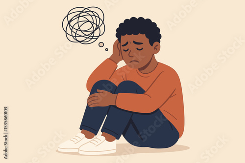 Depressed black boy with confused thoughts in a bubble. Mental health vector concept illustration. Sad young person feeling anxiety, stress, loneliness. Psychological problems.