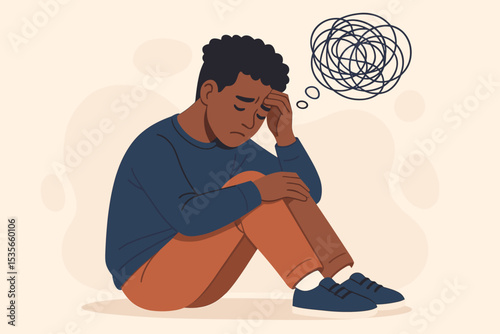 Depression anxiety concept. Sad lonely black man. Mental health disorder. Confused mind. Tangled thoughts. Psychology problem. Frustration stress. Unhappy person with chaos in head.