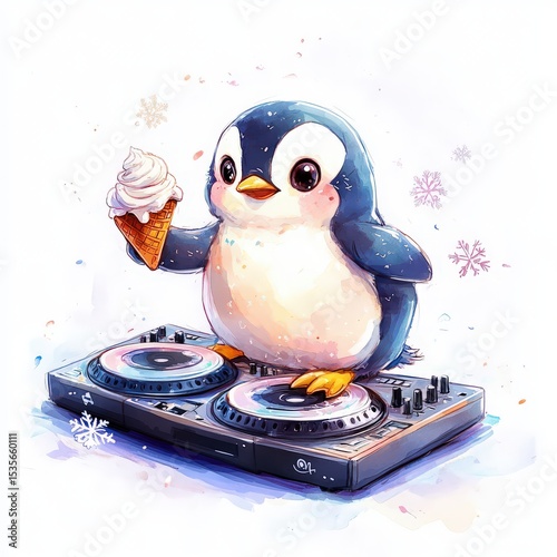 A whimsical penguin with charming roundness joyfully DJs balancing an ice cream cone while mixing music on turntables made of frozen waffles enhanced by enchanting snowflake lights