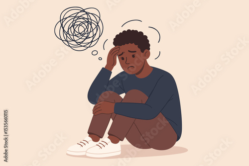 Sad black man with confused thoughts, a metaphor for depression and anxiety. Mental health concept with a frustrated person and tangled scribble. Psychology vector illustration.