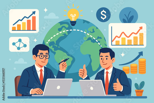 Global business collaboration and international partnership illustration. Businessmen discussing financial strategy, analyzing data charts for growth, profit, and successful investment.