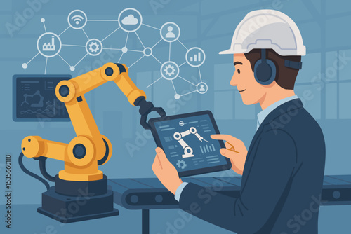 Engineer controlling robotic arm with tablet. Industrial automation, smart factory production line concept. Industry 4.0 technology, IoT, and manufacturing process monitoring.