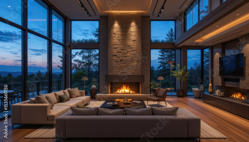 Modern Interior Living Room With Fireplace Sofa and Large Windows at Twilight	
