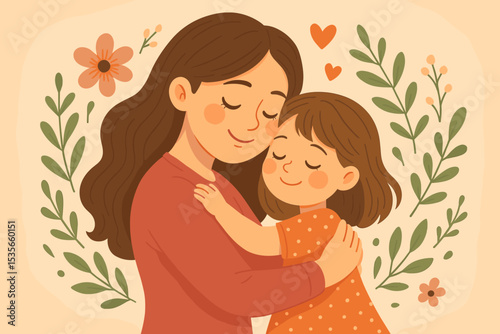 Mother and daughter tender embrace vector illustration. Happy Mother's Day concept. Family love, motherhood, parenthood, affection, and care. Woman and little girl hugging warmly.