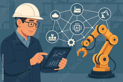 Engineer controlling robotic arm with tablet. Industrial automation and Industry 4.0 concept. Smart factory production line with AI network, cloud technology and data analysis.
