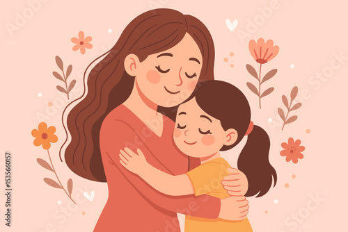 Happy Mother's Day greeting card illustration. Loving mother and daughter hug. Cute cartoon family characters embracing with affection. Mom and child relationship, parenthood concept.