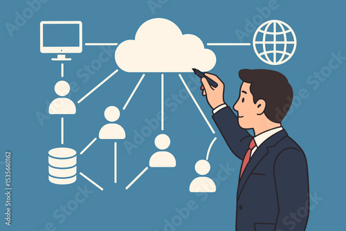 Businessman drawing cloud computing network architecture. IT specialist visualizing global data flow, connecting users, database servers, and internet. Technology business concept.