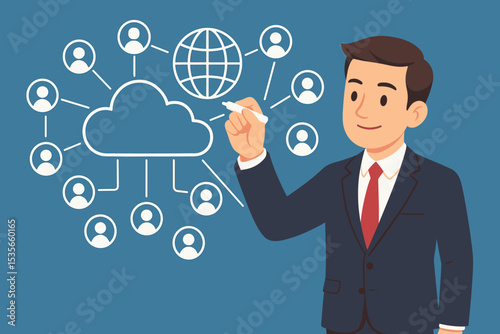 Businessman drawing global network diagram. Cloud computing technology and internet connection concept. Man presenting data sharing, social media structure, and global communication.