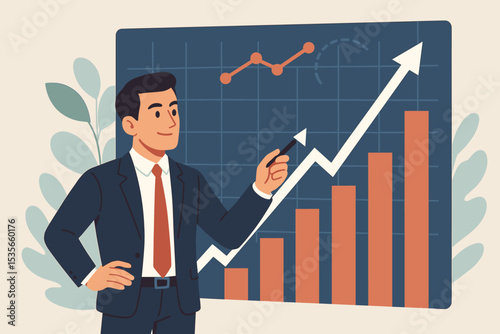 Businessman presenting a report on business growth and financial success. Stock market analysis with an upward chart and arrow. Investment strategy and profit concept vector.
