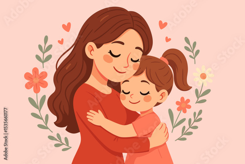 Mother and daughter hugging. Mom embracing child with love. Happy Mother's Day vector illustration. Family love, affection and motherhood concept. Cute cartoon with hearts and flowers.